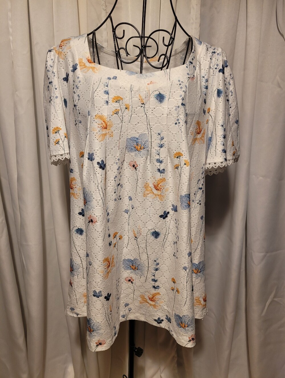 Amazon White Eyelet Tunic with Blue and Yellow Floral Print